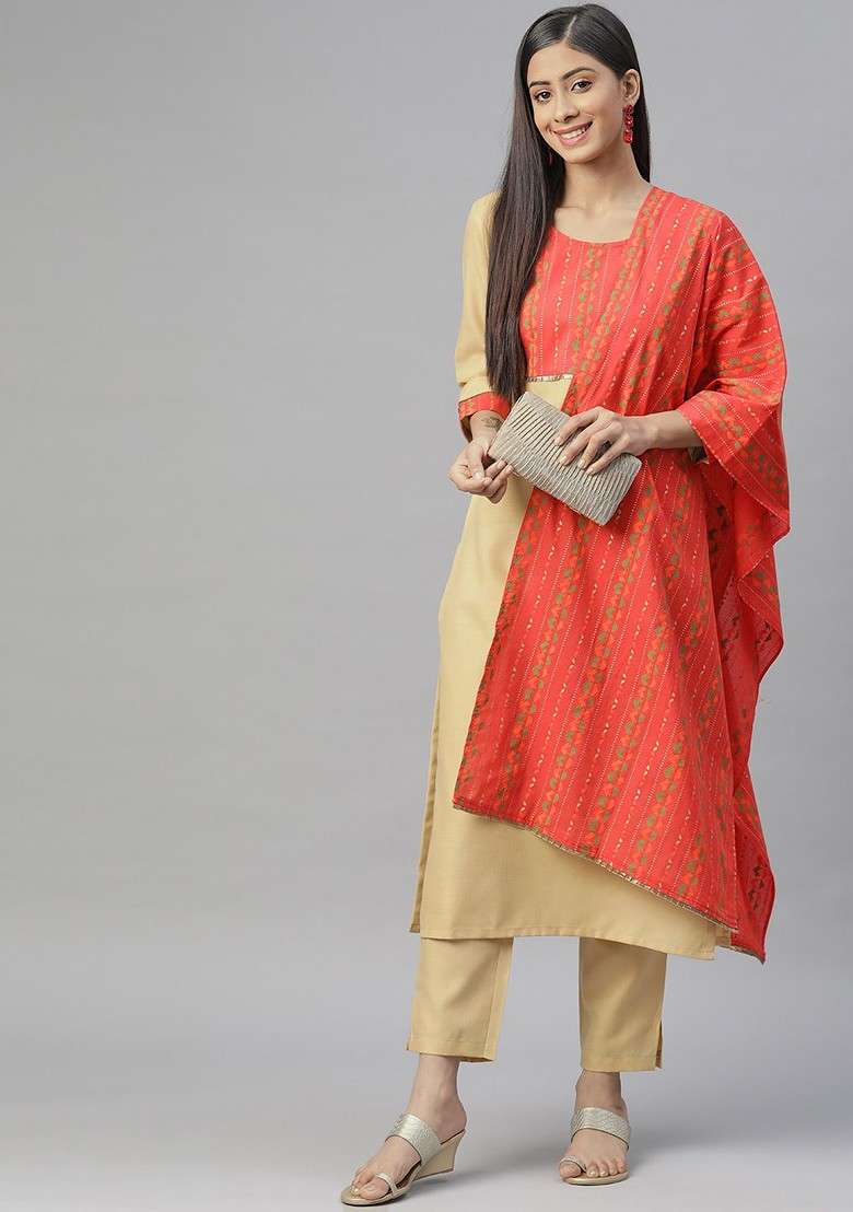 Beige Embroidered Poly Blended Kurta Sets - Indya