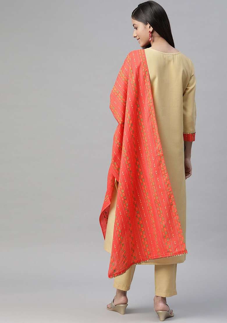 Beige Embroidered Poly Blended Kurta Sets - Indya