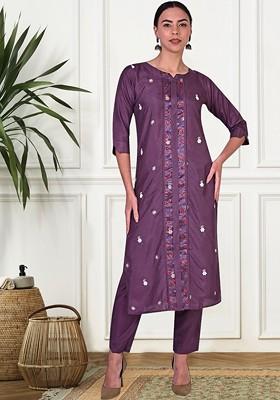 Purple Embroidered Poly Blended Kurta Sets
