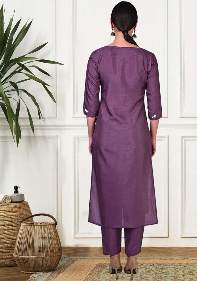 Purple Embroidered Poly Blended Kurta Sets - Indya