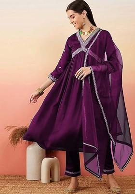 Purple Embroidered Poly Blended Kurta Sets