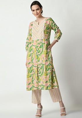 Green Embroidered Poly Blended Kurta Sets