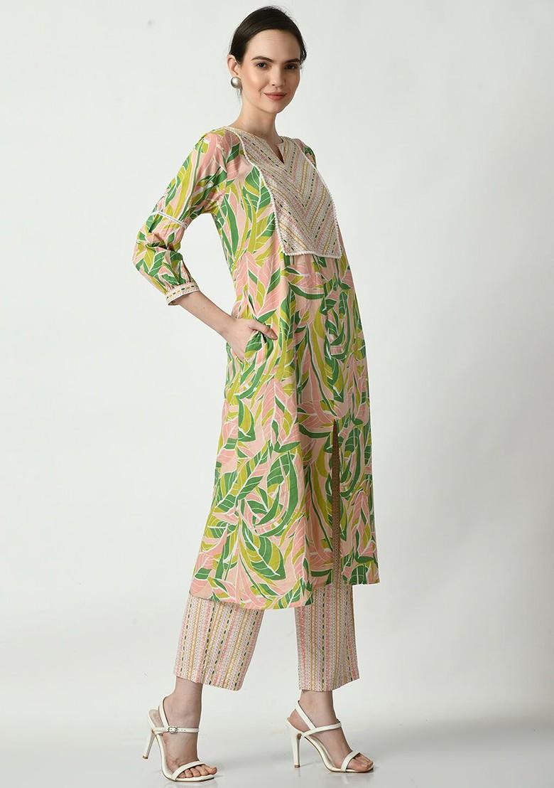 Green Embroidered Poly Blended Kurta Sets - Indya