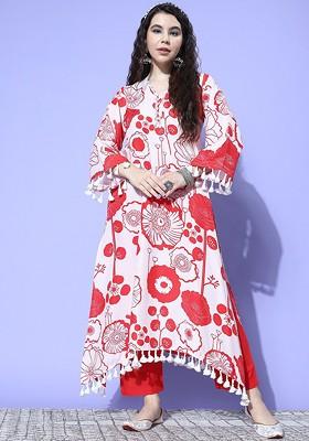 Peach Embroidered Poly Blended Kurta Sets