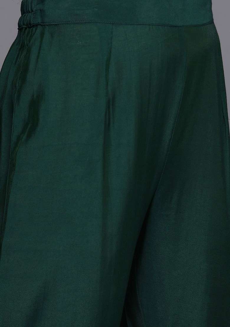 Green Embroidered Poly Blended Kurta Sets - Indya