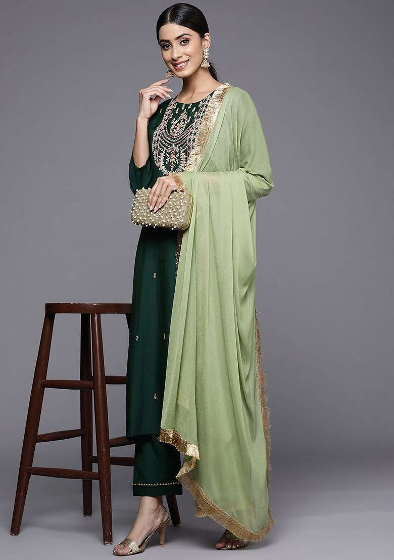 Green Embroidered Poly Blended Kurta Sets - Indya
