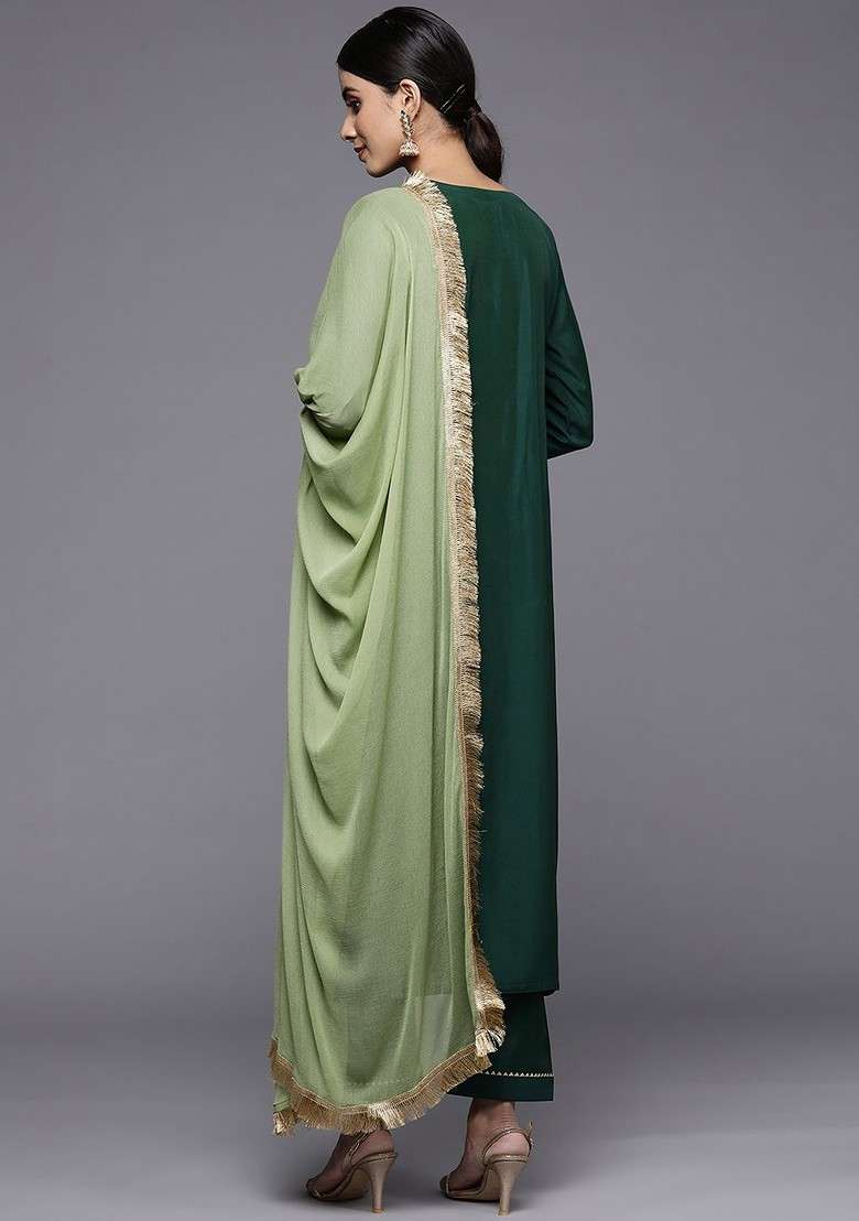 Green Embroidered Poly Blended Kurta Sets - Indya