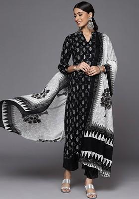 Black Embroidered Poly Blended Kurta Sets