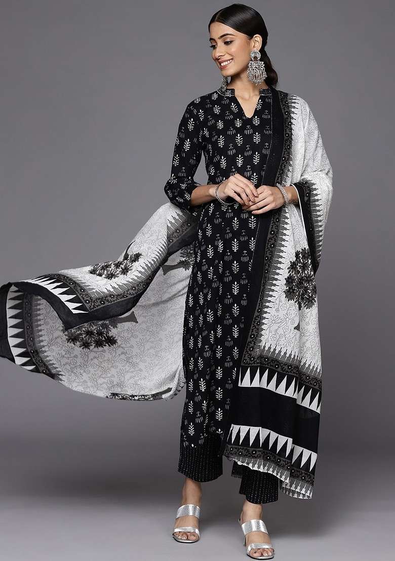 Black Embroidered Poly Blended Kurta Sets - Indya
