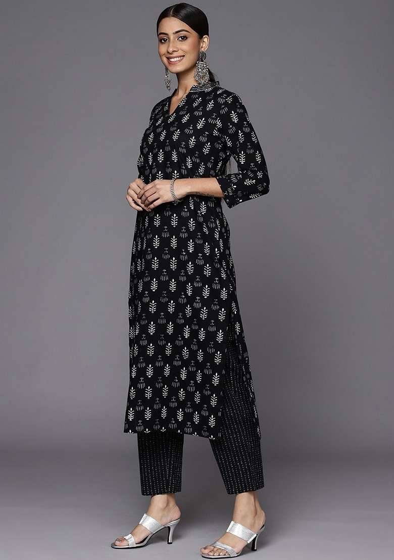 Black Embroidered Poly Blended Kurta Sets - Indya