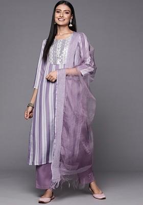Mauve Embroidered Poly Blended Kurta Sets