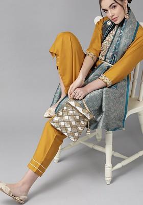 Mustard Embroidered Poly Blended Kurta Sets