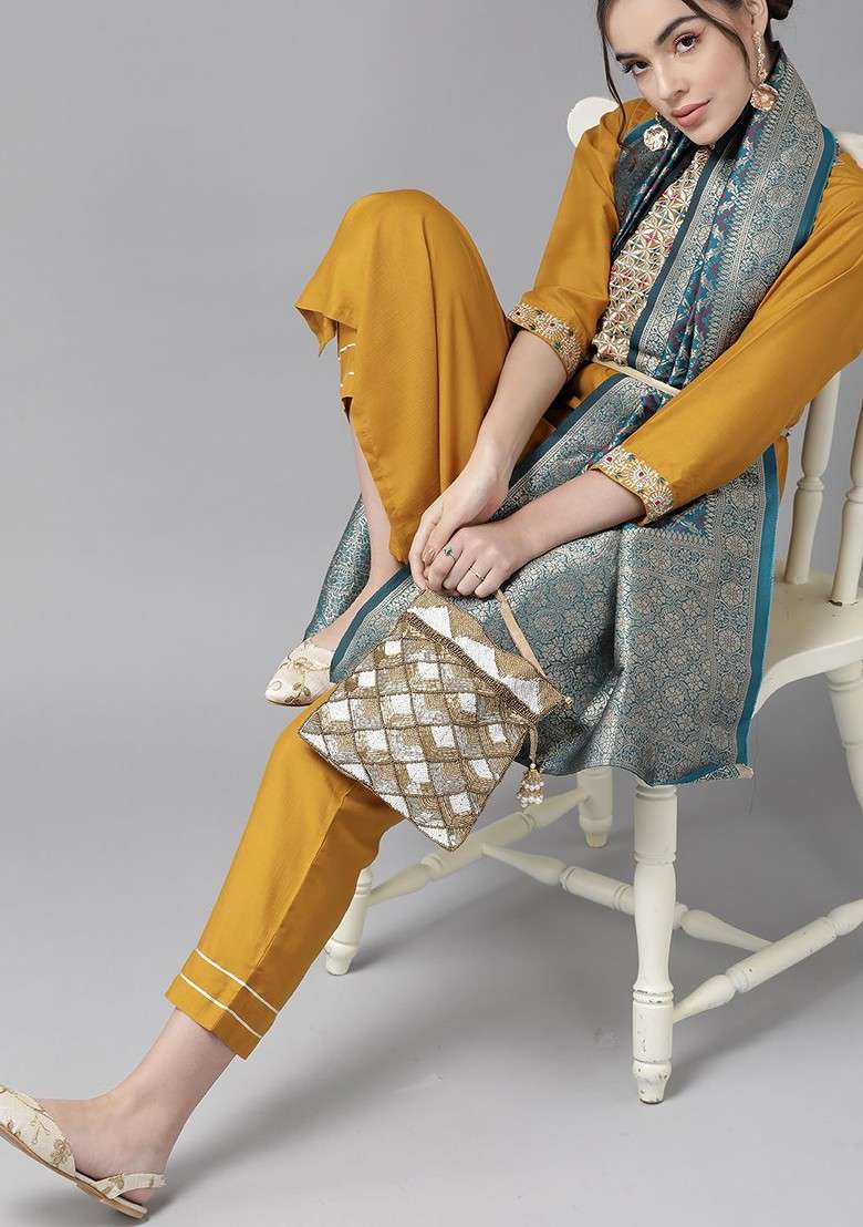 Mustard Embroidered Poly Blended Kurta Sets - Indya