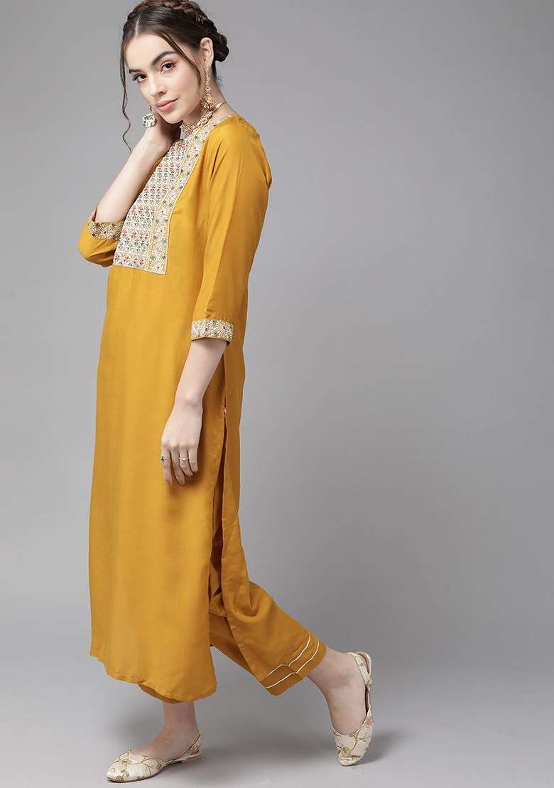 Mustard Embroidered Poly Blended Kurta Sets - Indya