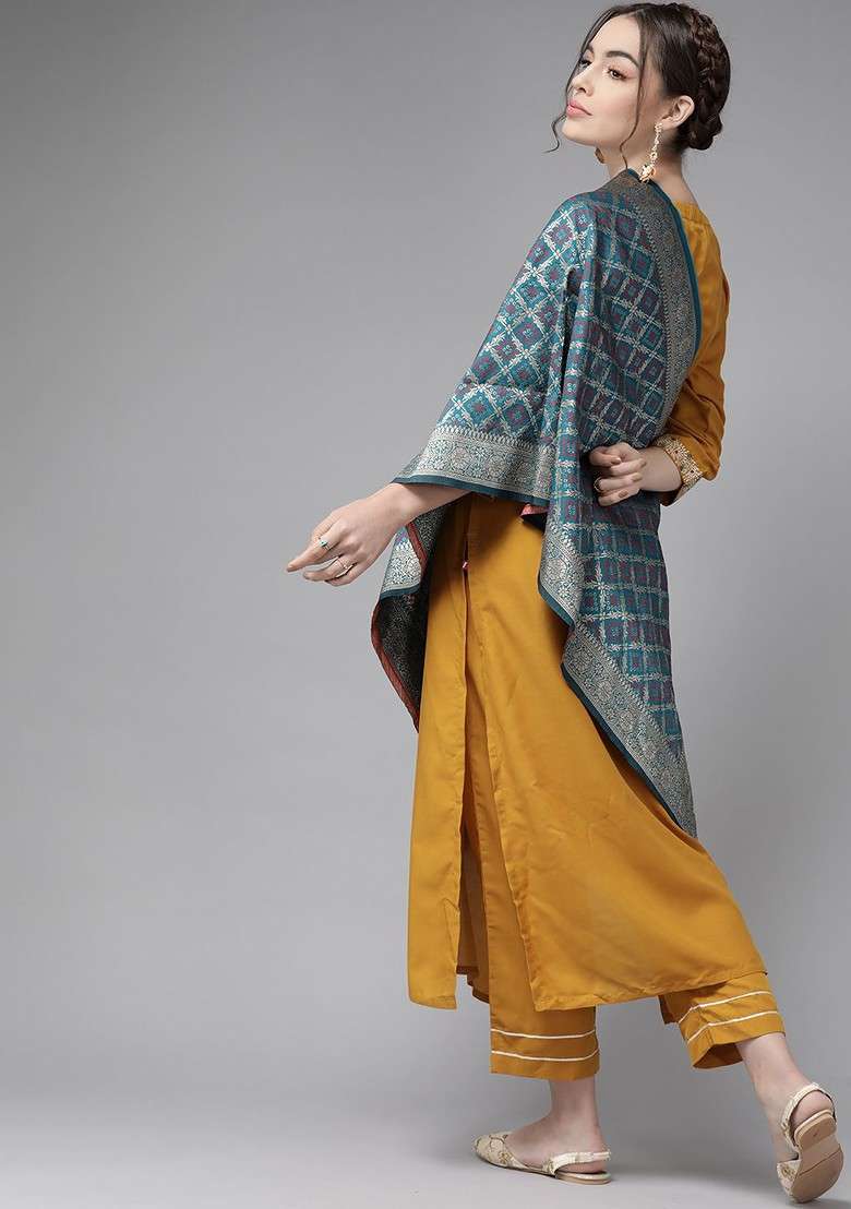 Mustard Embroidered Poly Blended Kurta Sets - Indya