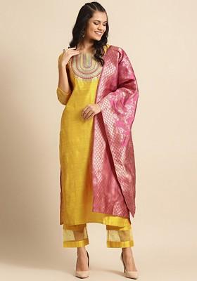 Mustard Embroidered Poly Blended Kurta Sets