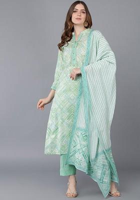 Green Embroidered Poly Blended Kurta Sets