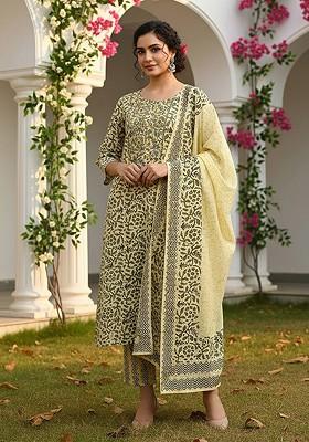 Yellow Embroidered Poly Blended Kurta Sets