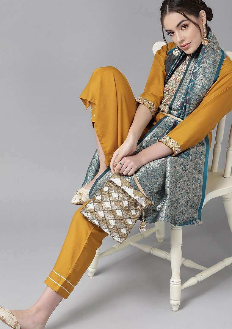 Mustard Embroidered Poly Blended Kurta Sets - Indya