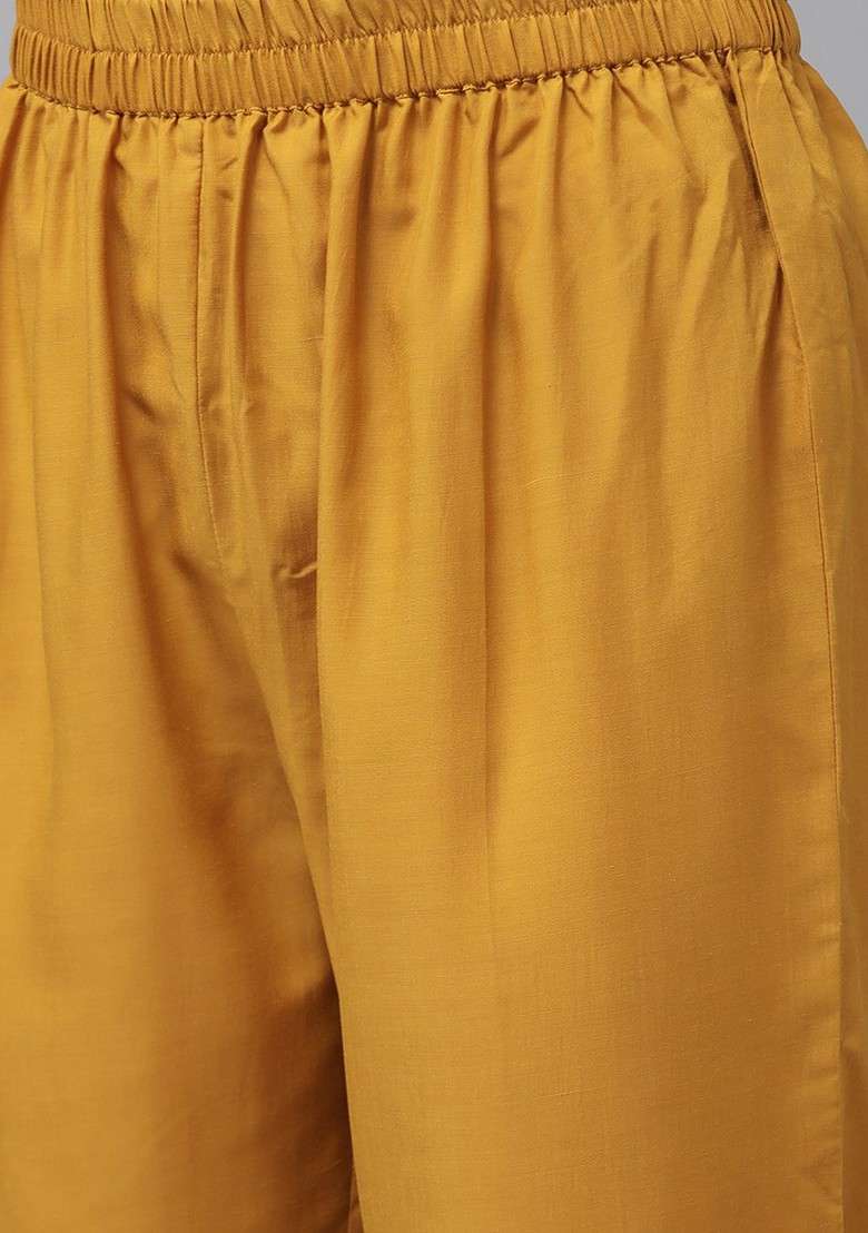 Mustard Embroidered Poly Blended Kurta Sets - Indya