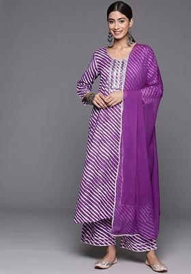 Purple Embroidered Poly Blended Kurta Sets
