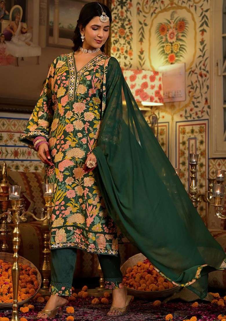 Green Embroidered Poly Blended Kurta Sets - Indya