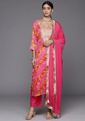 Pink Embroidered Poly Blended Kurta Sets