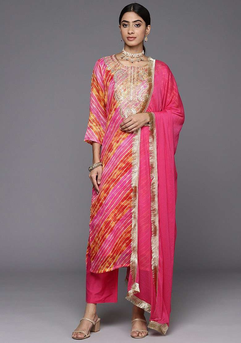 Pink Embroidered Poly Blended Kurta Sets - Indya