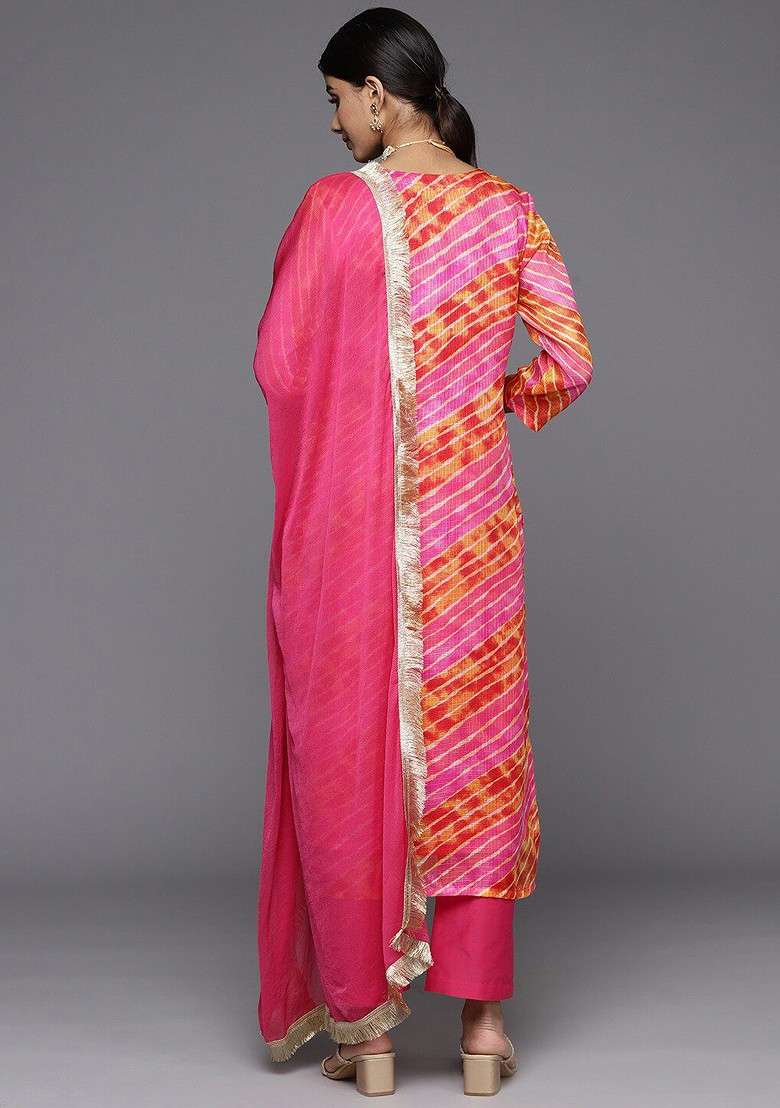 Pink Embroidered Poly Blended Kurta Sets - Indya