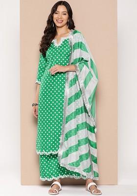 Green Embroidered Poly Blended Kurta Sets