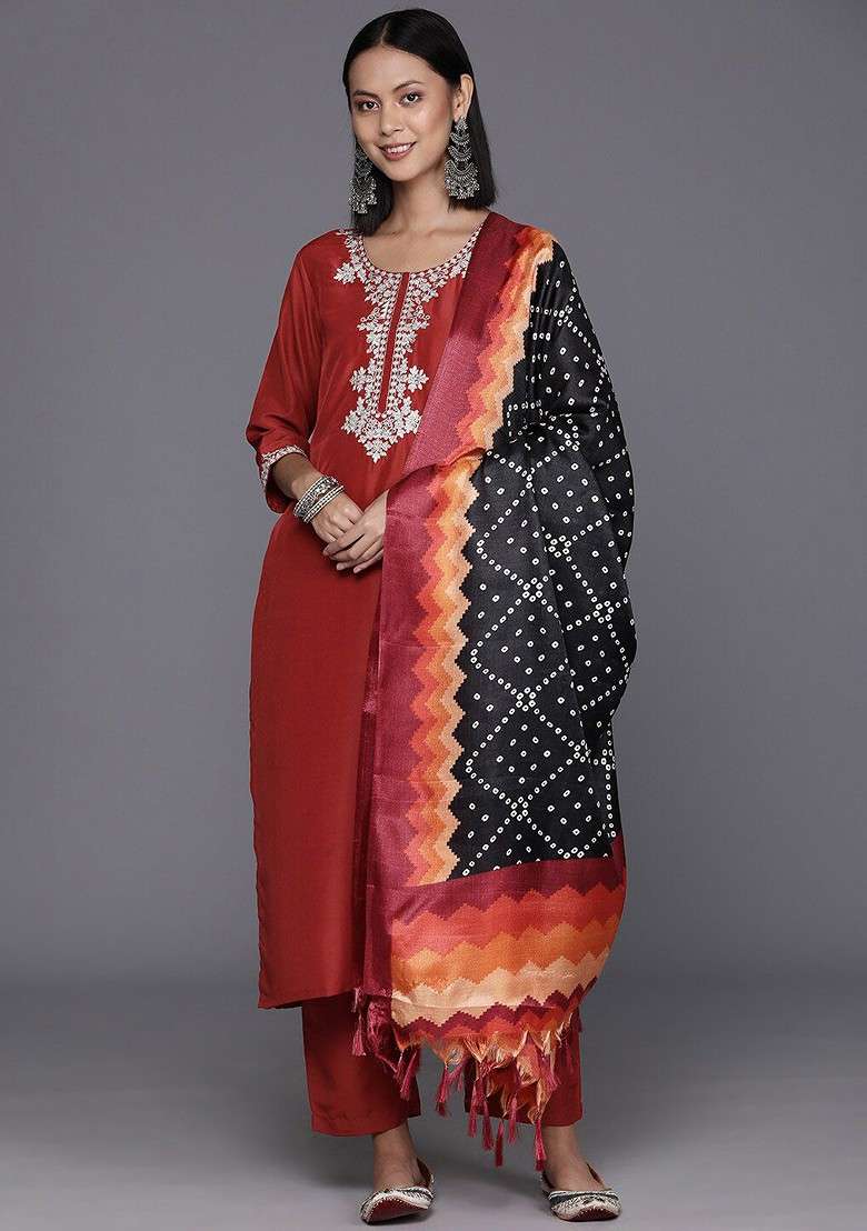 Rust Embroidered Poly Blended Kurta Sets - Indya