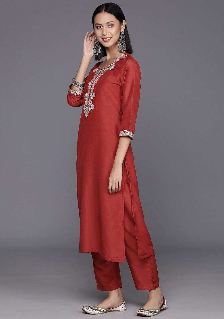 Rust Embroidered Poly Blended Kurta Sets - Indya