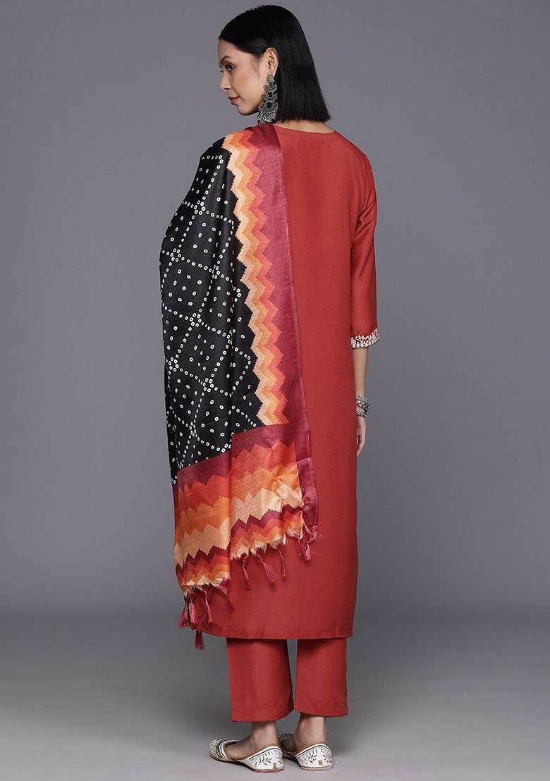 Rust Embroidered Poly Blended Kurta Sets - Indya