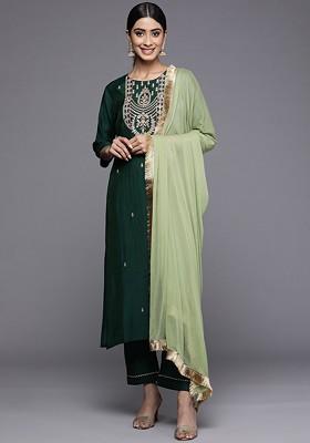 Green Embroidered Poly Blended Kurta Sets
