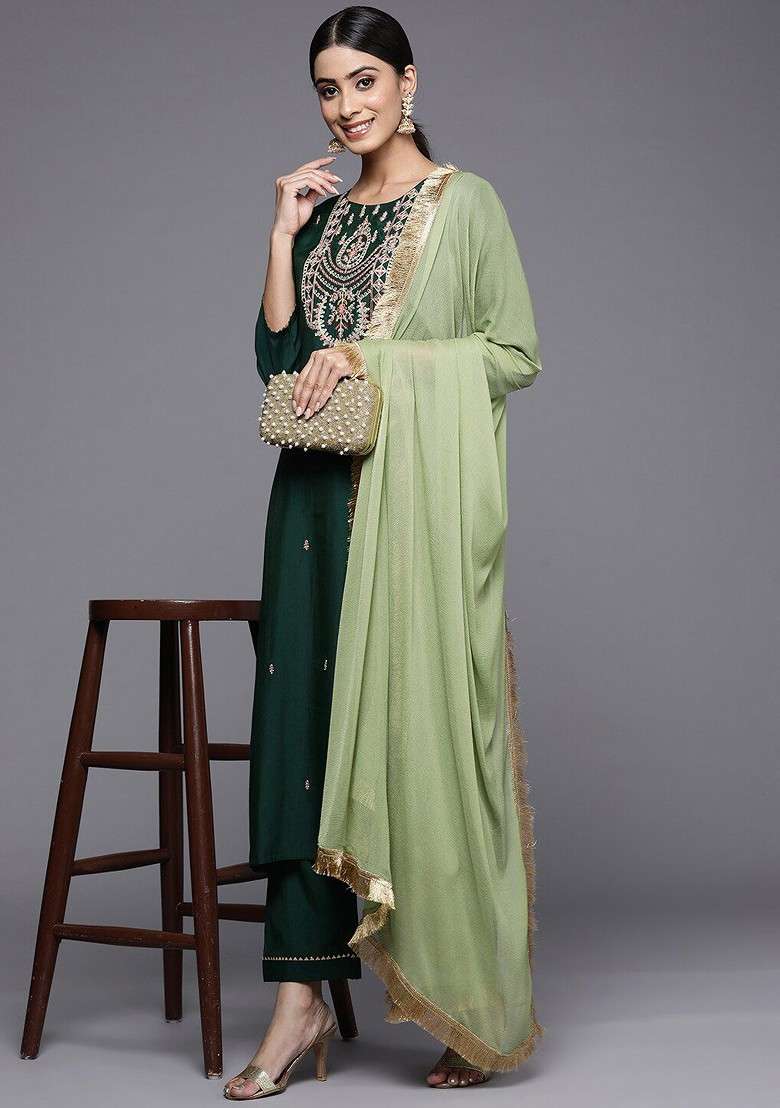 Green Embroidered Poly Blended Kurta Sets - Indya
