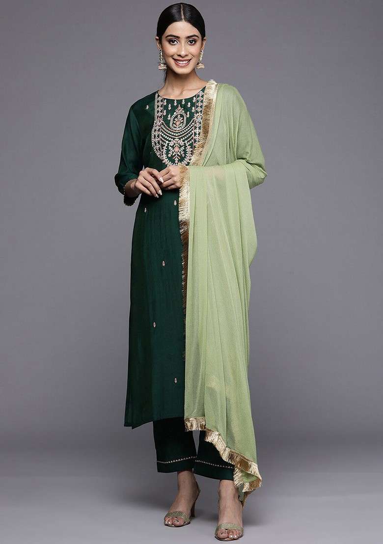 Green Embroidered Poly Blended Kurta Sets - Indya