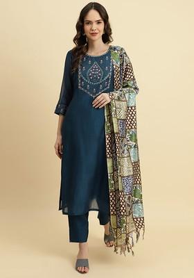 Teal Embroidered Poly Blended Kurta Sets