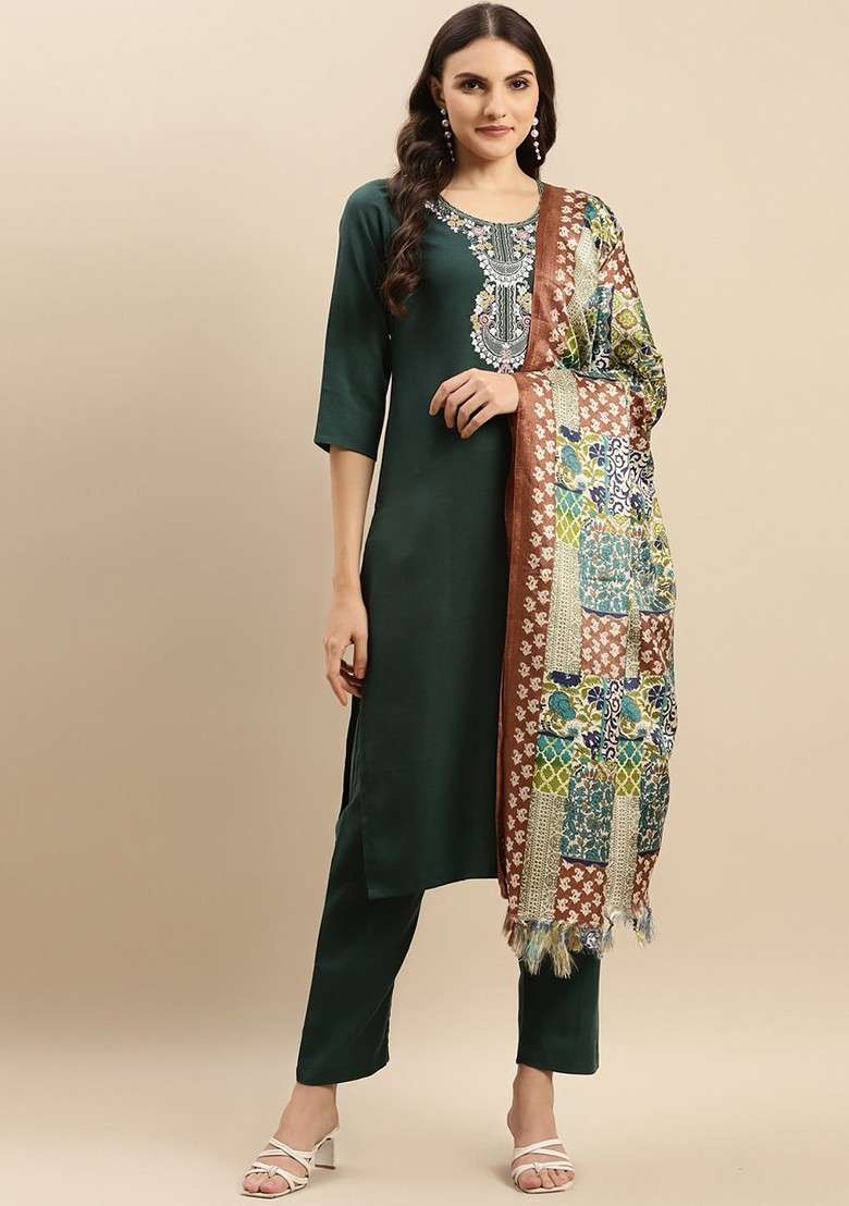 Navy Blue Embroidered Poly Blended Kurta Sets - Indya