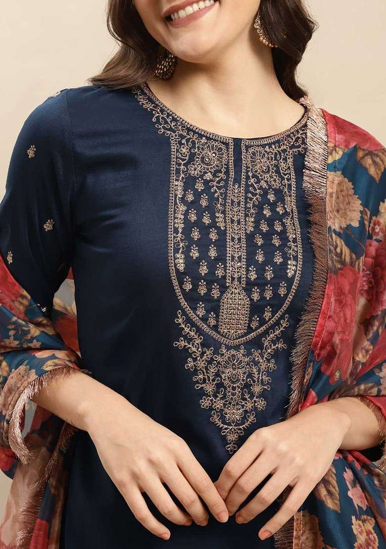 Navy Blue Embroidered Poly Blended Kurta Sets - Indya