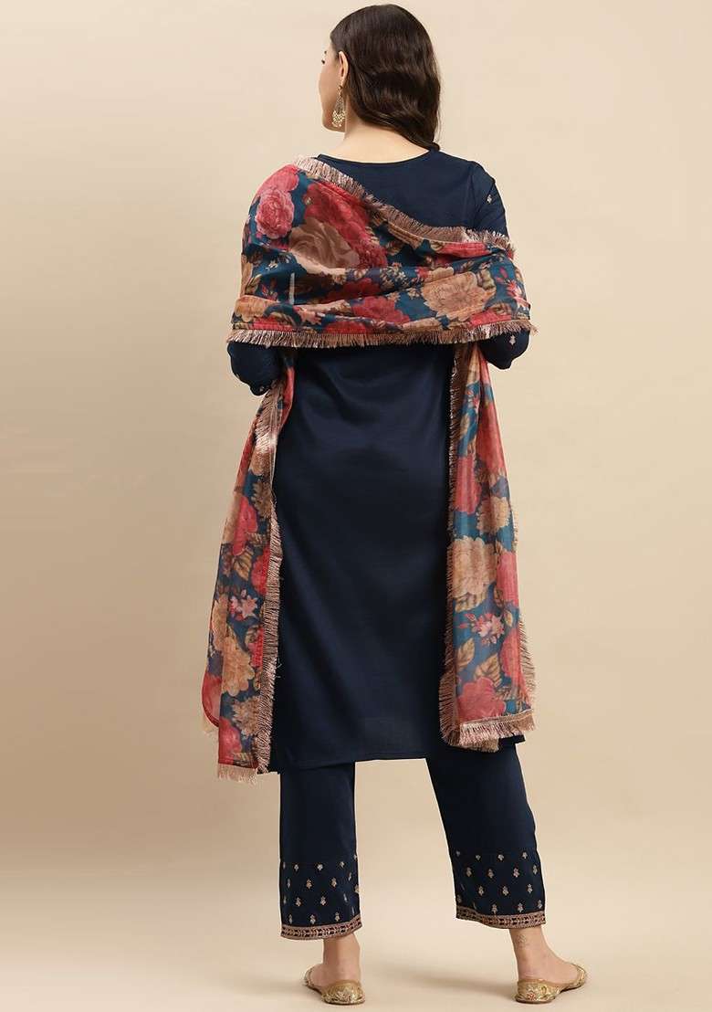 Navy Blue Embroidered Poly Blended Kurta Sets - Indya