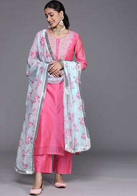 Pink Embroidered Poly Blended Kurta Sets
