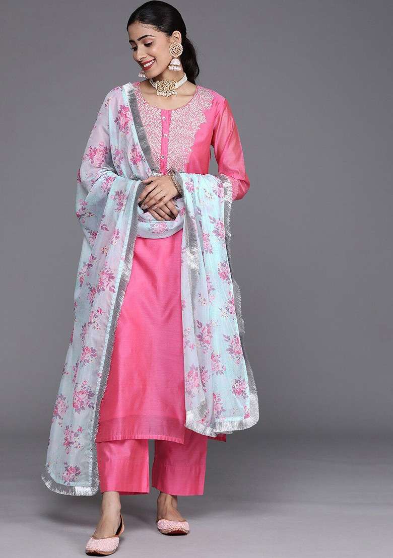 Pink Embroidered Poly Blended Kurta Sets - Indya