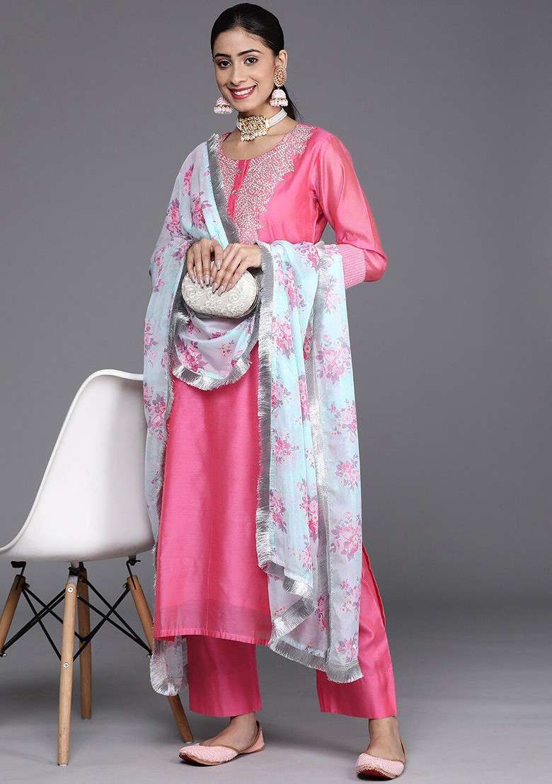 Pink Embroidered Poly Blended Kurta Sets - Indya