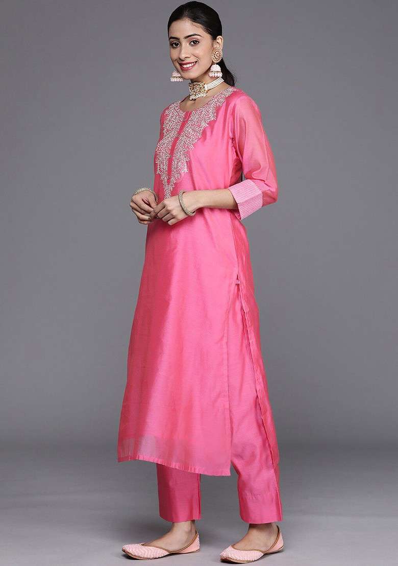 Pink Embroidered Poly Blended Kurta Sets - Indya