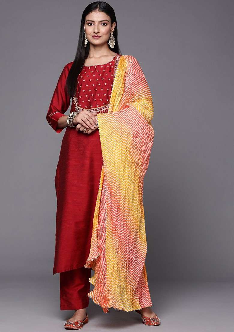 Maroon Embroidered Poly Blended Kurta Sets - Indya