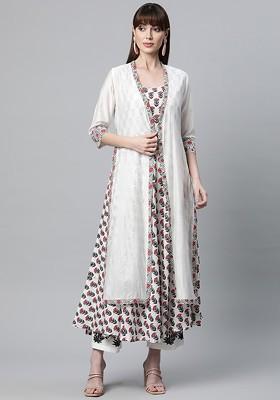 White Embroidered Poly Blended Kurta Sets