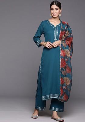 Teal Embroidered Poly Blended Kurta Sets