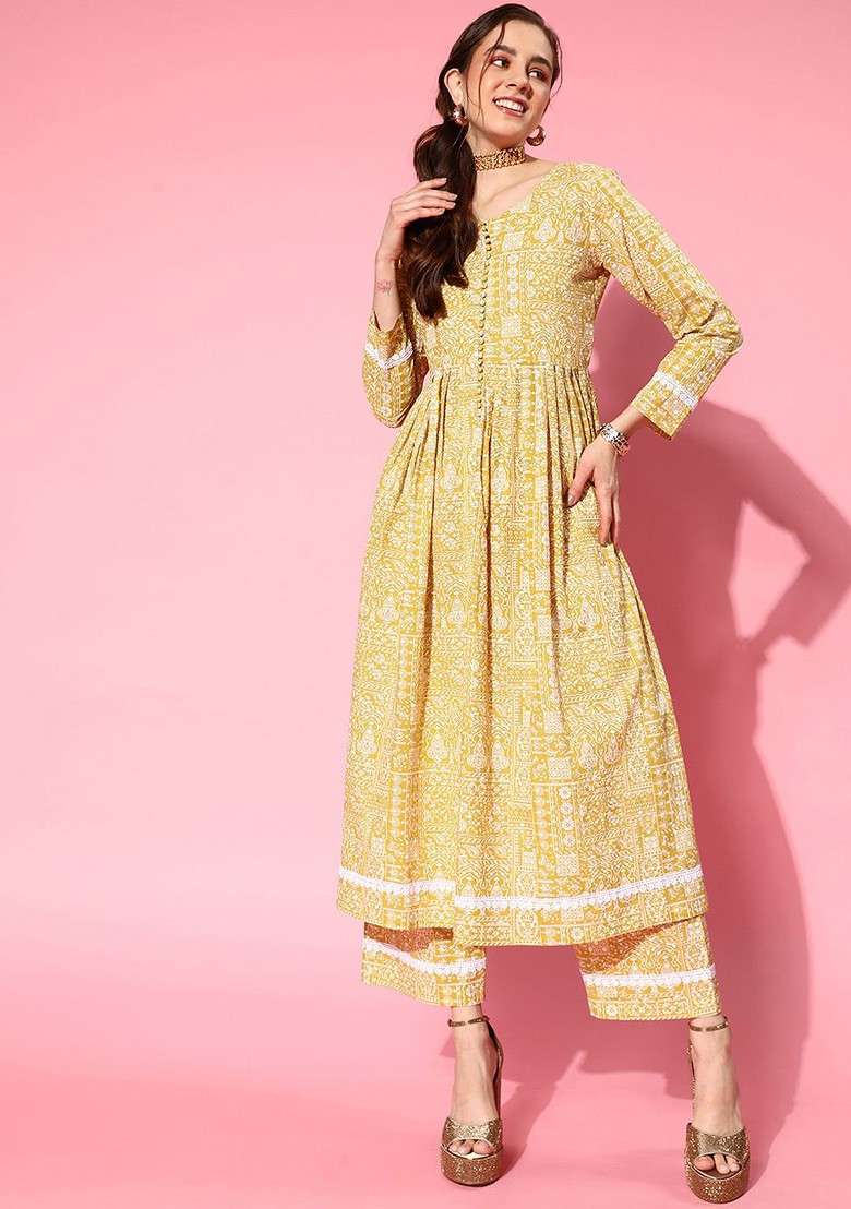 Mustard Embroidered Poly Blended Kurta Sets - Indya