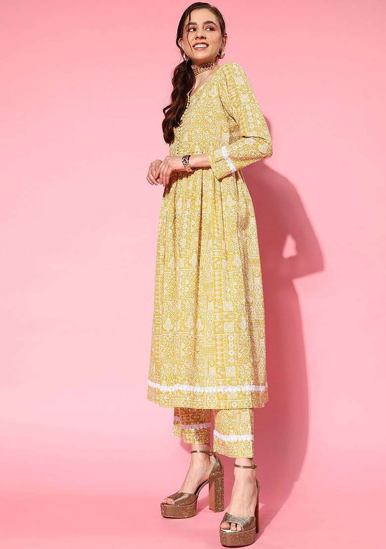 Mustard Embroidered Poly Blended Kurta Sets - Indya