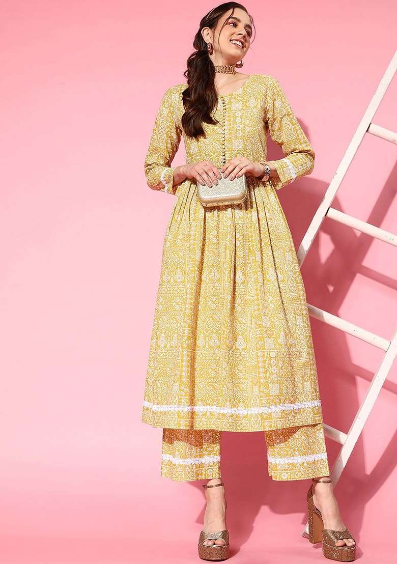 Mustard Embroidered Poly Blended Kurta Sets - Indya